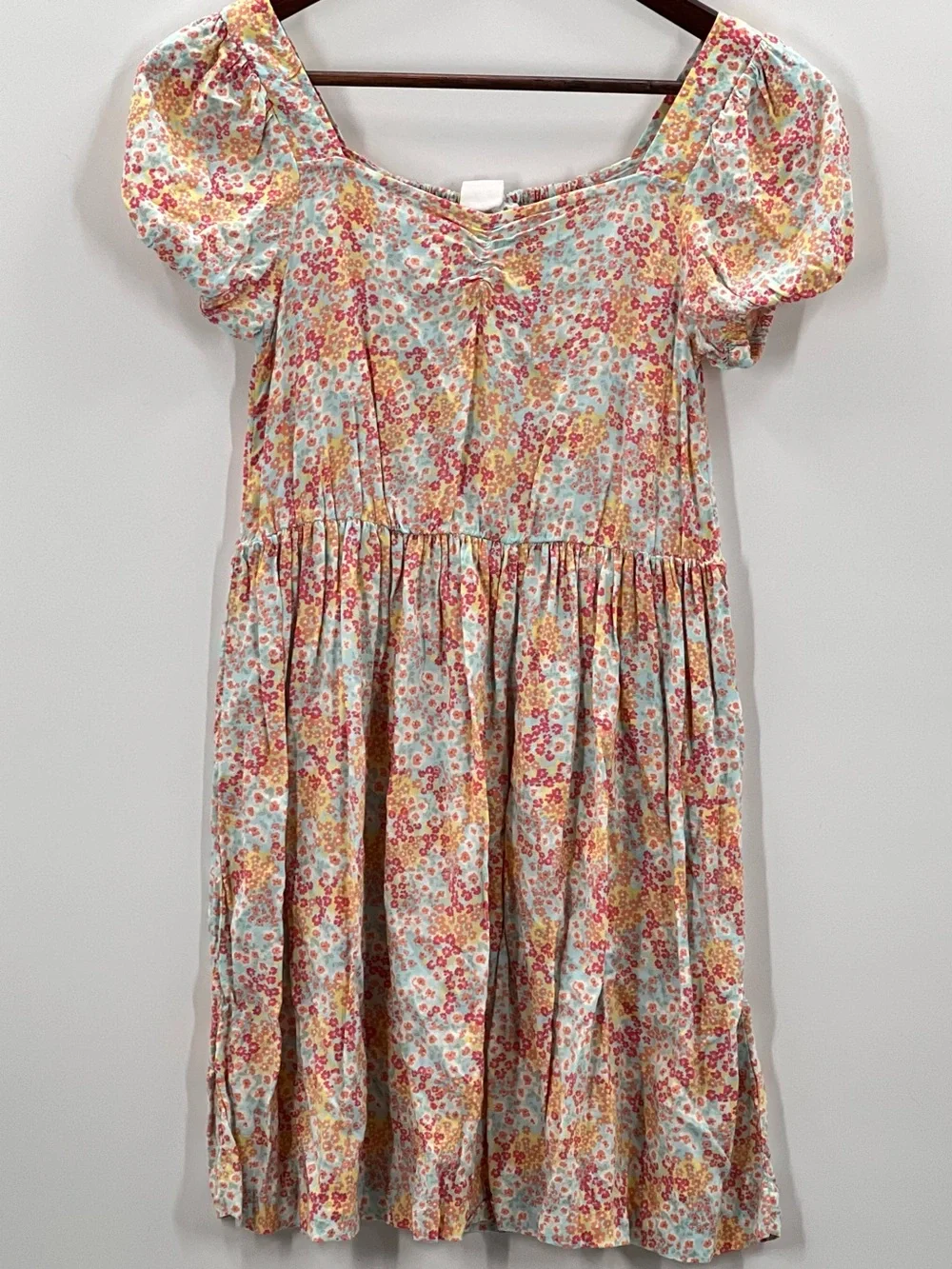 238 Roxy Floral Puff-Sleeve girls Dress - Pink & Yellow 10/12